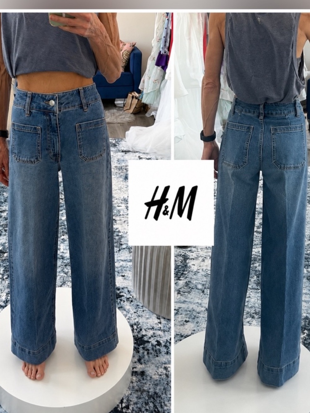 H&M High Rise Wide Leg Jeans Patch Pocket Light Wash Size 2 EUR 34